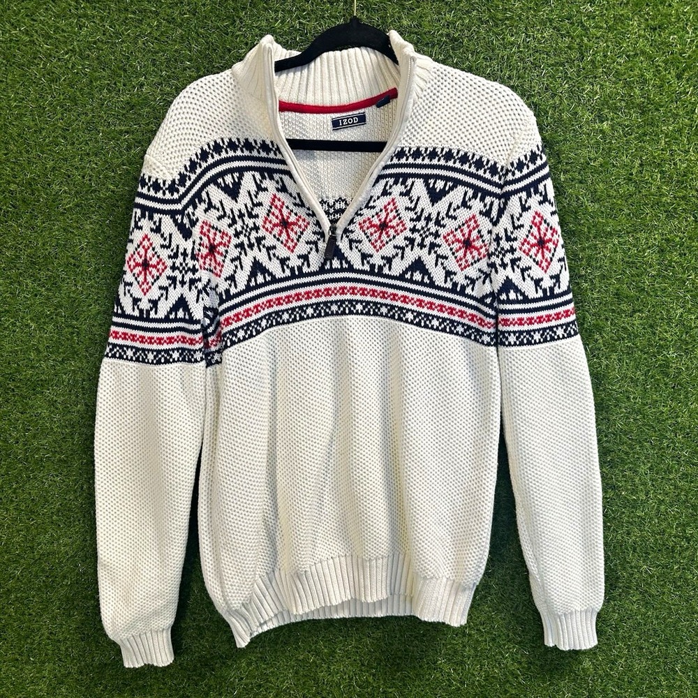 IZOD Men's M Beige Solid Cotton Knit Crew Neck Pullover Sweater Logo